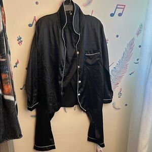 Black Satin Pajama Set with White Piping